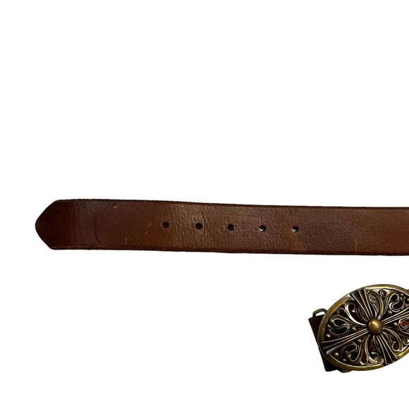 Million Wishes Brown Leather Gold-tone Ornate Detachable Buckle Belt Size L(42”) - Picture 15 of 16